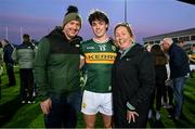 1 May 2024; Luke Crowley of Kerry celebrates with his parents Marie and father John, former Kerry footballer, after the EirGrid Munster GAA U20 Football Championship Final match between Kerry and Cork at Austin Stack Park in Tralee, Kerry. Photo by Brendan Moran/Sportsfile