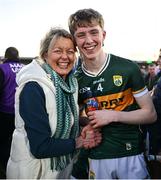 1 May 2024; Gearóid Evans of Kerry celebrates with his auntie Mary Ellen O'Connor after the EirGrid Munster GAA U20 Football Championship Final match between Kerry and Cork at Austin Stack Park in Tralee, Kerry. Photo by Brendan Moran/Sportsfile