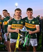 1 May 2024; Kerry players Darragh O’Connor, left, and Maidhcí Lynch celebrate with the Noel Walsh cup after the EirGrid Munster GAA U20 Football Championship Final match between Kerry and Cork at Austin Stack Park in Tralee, Kerry. Photo by Brendan Moran/Sportsfile