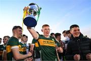 1 May 2024; Kerry captain Rob Stack celebrates with the Noel Walsh cup after the EirGrid Munster GAA U20 Football Championship Final match between Kerry and Cork at Austin Stack Park in Tralee, Kerry. Photo by Brendan Moran/Sportsfile