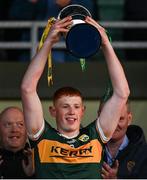 1 May 2024; Kerry captain Rob Stack lifts the Noel Walsh cup after the EirGrid Munster GAA U20 Football Championship Final match between Kerry and Cork at Austin Stack Park in Tralee, Kerry. Photo by Brendan Moran/Sportsfile