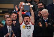 1 May 2024; Tyrone captain Michael Rafferty lifts the Corn Dhónaill Uí Mhurchú cup after the EirGrid Ulster GAA U20 Football Championship Final match between Derry and Tyrone at the Box-It Athletic Grounds in Armagh. Photo by Ben McShane/Sportsfile