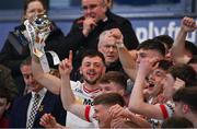 1 May 2024; Tyrone captain Michael Rafferty lifts the Corn Dhónaill Uí Mhurchú cup after the EirGrid Ulster GAA U20 Football Championship Final match between Derry and Tyrone at the Box-It Athletic Grounds in Armagh. Photo by Ben McShane/Sportsfile
