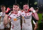 1 May 2024; Odhran Brolly, left, and Paddy McCann of Tyrone celebrate after the EirGrid Ulster GAA U20 Football Championship Final match between Derry and Tyrone at the Box-It Athletic Grounds in Armagh. Photo by Ben McShane/Sportsfile