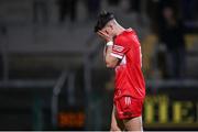 1 May 2024; Patrick McGurk of Derry reacts after missing a penalty in the penalty shootout in the EirGrid Ulster GAA U20 Football Championship Final match between Derry and Tyrone at the Box-It Athletic Grounds in Armagh. Photo by Ben McShane/Sportsfile