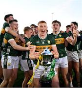 1 May 2024; Kerry captain Rob Stack and his teammates celebrate with the Noel Walsh cup after the EirGrid Munster GAA U20 Football Championship Final match between Kerry and Cork at Austin Stack Park in Tralee, Kerry. Photo by Brendan Moran/Sportsfile