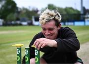 2 May 2024; Pembroke Cricket Club groundskeeper Conor Austin sets up the bails before the Cricket Ireland Inter-Provincial Trophy match between Munster Reds and Northern Knights at Pembroke Cricket Club in Dublin. Photo by Harry Murphy/Sportsfile