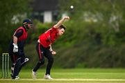 2 May 2024; Joshua Manley of Munster Reds bowls during the Cricket Ireland Inter-Provincial Trophy match between Munster Reds and Northern Knights at Pembroke Cricket Club in Dublin. Photo by Harry Murphy/Sportsfile
