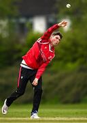 2 May 2024; Gareth Delaney of Munster Reds bowls during the Cricket Ireland Inter-Provincial Trophy match between Munster Reds and Northern Knights at Pembroke Cricket Club in Dublin. Photo by Harry Murphy/Sportsfile