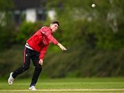 2 May 2024; Gareth Delaney of Munster Reds bowls during the Cricket Ireland Inter-Provincial Trophy match between Munster Reds and Northern Knights at Pembroke Cricket Club in Dublin. Photo by Harry Murphy/Sportsfile