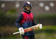 2 May 2024; James McCollum of Northern Knights reacts after being caught out during the Cricket Ireland Inter-Provincial Trophy match between Munster Reds and Northern Knights at Pembroke Cricket Club in Dublin. Photo by Harry Murphy/Sportsfile