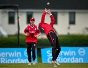 2 May 2024; Jordan Neil of Munster Reds catches out Neil Rock of Northern Knights during the Cricket Ireland Inter-Provincial Trophy match between Munster Reds and Northern Knights at Pembroke Cricket Club in Dublin. Photo by Harry Murphy/Sportsfile