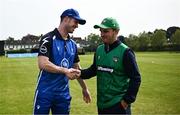 2 May 2024; George Dockrell of Leinster Lightning shakes hands with Andy McBrine of North West Warriors before the Cricket Ireland Inter-Provincial Trophy match between Leinster Lightning and North West Warriors at Pembroke Cricket Club in Dublin. Photo by Harry Murphy/Sportsfile