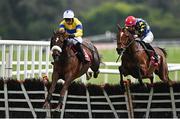 2 May 2024; Pigeon House, left, with Nico de Boinville up, jumps the last on their way to winning the Specialist Group Handicap Hurdle, from eventual second place Killeemore Lad, right, with Philip Donovan up, during day three of the Punchestown Festival at Punchestown Racecourse in Kildare. Photo by Seb Daly/Sportsfile