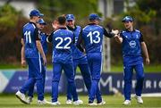 2 May 2024; Leinster Lightning players celebrate the wicket of Stephen Doheny of North West Warriors during the Cricket Ireland Inter-Provincial Trophy match between Leinster Lightning and North West Warriors at Pembroke Cricket Club in Dublin. Photo by Harry Murphy/Sportsfile