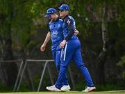 2 May 2024; Barry McCarthy and Harry Tector of Leinster Lightning celebrates taking the wicket of  Shane Getkate of North West Warriors during the Cricket Ireland Inter-Provincial Trophy match between Leinster Lightning and North West Warriors at Pembroke Cricket Club in Dublin. Photo by Harry Murphy/Sportsfile