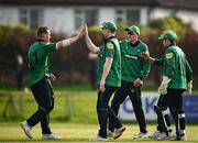 2 May 2024; Graham Hume and Shane Getkate of North West Warriors celebrates taking the wicket of Tim Tector of Leinster Lightning during the Cricket Ireland Inter-Provincial Trophy match between Leinster Lightning and North West Warriors at Pembroke Cricket Club in Dublin. Photo by Harry Murphy/Sportsfile