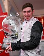 2 May 2024; Jockey Jack Kennedy with the trophy after winning the Ladbrokes Champion Stayers Hurdle on Teahupoo during day three of the Punchestown Festival at Punchestown Racecourse in Kildare. Photo by Seb Daly/Sportsfile