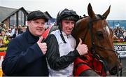 2 May 2024; Trainer Gordon Elliott, left, jockey Jack Kennedy and Teahupoo after winning the Ladbrokes Champion Stayers Hurdle during day three of the Punchestown Festival at Punchestown Racecourse in Kildare. Photo by Seb Daly/Sportsfile