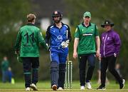 2 May 2024; Andrew Balbirnie of Leinster Lightning shakes hands with Kian Hilton of North West Warriors after the Cricket Ireland Inter-Provincial Trophy match between Leinster Lightning and North West Warriors at Pembroke Cricket Club in Dublin. Photo by Harry Murphy/Sportsfile