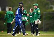 2 May 2024; Andrew Balbirnie of Leinster Lightning shakes hands with Stephen Doheny of North West Warriors  after the Cricket Ireland Inter-Provincial Trophy match between Leinster Lightning and North West Warriors at Pembroke Cricket Club in Dublin. Photo by Harry Murphy/Sportsfile