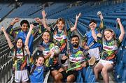 3 May 2024; In attendance at the launch of the 2024 Kellogg’s GAA Cúl Camps are Dublin ladies footballer Sinead Goldrick, and Former Leitrim hurler Zak Moradi, with pupils from St Laurence O'Tooles National School in Dublin 1, from left, Amelia Lilly Kelly, aged 10, Tawsif Ahamd, aged 13, Katie Conroy, aged 8, Makar Sviderski, aged 13, Max Learmouth, aged 8, and Maddie Moir, aged 10, at Croke Park in Dublin. Starting at the beginning of June and running to the end of August, Kellogg’s GAA Cúl Camps are opening up a number of spots in select GAA clubs all over Ireland to children of migrant families as part of their Better Days Promise. For more information and to book now, visit www.gaa.ie/kelloggsculcamps.  Photo by Sam Barnes/Sportsfile