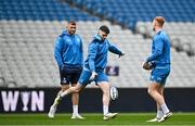 3 May 2024; Harry Byrne, centre, Ross Molony and Ciarán Frawley during a Leinster Rugby captain's run at Croke Park in Dublin. Photo by Harry Murphy/Sportsfile