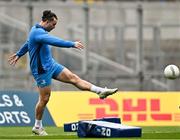 3 May 2024; James Lowe kicks a gaelic football during a Leinster Rugby captain's run at Croke Park in Dublin. Photo by Harry Murphy/Sportsfile