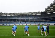 3 May 2024; Leinster players hit tackle bags during a Leinster Rugby captain's run at Croke Park in Dublin. Photo by Harry Murphy/Sportsfile
