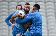 3 May 2024; Jamison Gibson-Park and Michael Ala'alatoa play gaelic football during a Leinster Rugby captain's run at Croke Park in Dublin. Photo by Harry Murphy/Sportsfile