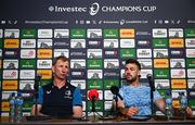3 May 2024; Leinster head coach Leo Cullen and captain Caelan Doris during a Leinster Rugby media conference at Croke Park in Dublin. Photo by Harry Murphy/Sportsfile