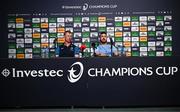 3 May 2024; Leinster head coach Leo Cullen and captain Caelan Doris during a Leinster Rugby media conference at Croke Park in Dublin. Photo by Harry Murphy/Sportsfile