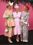3 May 2024; Racegoers, from left, Ann-Marie Dunning, from Newbridge, Kildare, Ashling Burke, from Lahinch, Clare, and Marguerite Power, from Naas, Kildare, stand for a portrait ahead of racing on day four of the Punchestown Festival at Punchestown Racecourse in Kildare. Photo by Seb Daly/Sportsfile