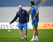 3 May 2024; Senior kitman Jim Bastick and Caelan Doris during a Leinster Rugby captain's run at Croke Park in Dublin. Photo by Harry Murphy/Sportsfile