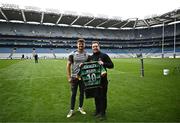 3 May 2024; Croke Park pitch manager and Northampton Saints supporter Stuart Wilson is presented a jersey by George Furbank during a Northampton Saints captain's run at Croke Park in Dublin. Photo by Harry Murphy/Sportsfile