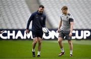 3 May 2024; Fin Smith of Northampton Saints shows Sean Foran of Whitehall Colmcille GAA Club how to kick during a Northampton Saints captain's run at Croke Park in Dublin. Photo by Harry Murphy/Sportsfile