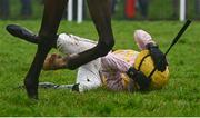 3 May 2024; Jockey Bertie Finn after falling from Jay Bee Why during the Event Power Champion Hunters Steeplechase on day four of the Punchestown Festival at Punchestown Racecourse in Kildare. Photo by Seb Daly/Sportsfile