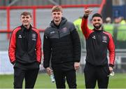 3 May 2024; Bohemians players, from left, Cian Byrne, Jevon Mills and Declan McDaid before the SSE Airtricity Men's Premier Division match between Bohemians and Shamrock Rovers at Dalymount Park in Dublin. Photo by Stephen McCarthy/Sportsfile