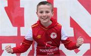 3 May 2024; St Patrick's Athletic Mason Courtney, aged nine, from Inchicore, in Dublin, before the SSE Airtricity Men's Premier Division match between St Patrick's Athletic and Drogheda United at Richmond Park in Dublin. Photo by Shauna Clinton/Sportsfile