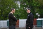 3 May 2024; St Patrick's Athletic manager Jon Daly, left, and Drogheda United manager Kevin Doherty speak before the SSE Airtricity Men's Premier Division match between St Patrick's Athletic and Drogheda United at Richmond Park in Dublin. Photo by Shauna Clinton/Sportsfile