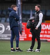 3 May 2024; Athlone Town women's manager and LOITV commentator Ciaran Kilduff, right, in conversation with Sean Gannon of Shelbourne before the SSE Airtricity Men's Premier Division match between Dundalk and Shelbourne at Oriel Park in Dundalk, Louth. Photo by Ben McShane/Sportsfile