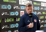 3 May 2024; Shelbourne manager Damien Duff is interviewed by LOITV before the SSE Airtricity Men's Premier Division match between Dundalk and Shelbourne at Oriel Park in Dundalk, Louth. Photo by Ben McShane/Sportsfile