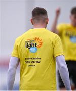 3 May 2024; A general view of the Darkness into Light shirt worn by Dundalk players in the warm-up before the SSE Airtricity Men's Premier Division match between Dundalk and Shelbourne at Oriel Park in Dundalk, Louth. Photo by Ben McShane/Sportsfile