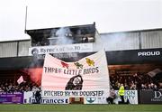3 May 2024; Dundalk supporters hold up a banner before the SSE Airtricity Men's Premier Division match between Dundalk and Shelbourne at Oriel Park in Dundalk, Louth. Photo by Ben McShane/Sportsfile