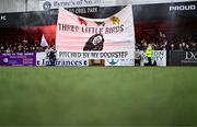 3 May 2024; Dundalk supporters hold up a banner before the SSE Airtricity Men's Premier Division match between Dundalk and Shelbourne at Oriel Park in Dundalk, Louth. Photo by Ben McShane/Sportsfile