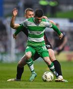 3 May 2024; Trevor Clarke of Shamrock Rovers in action against Brian McManus of Bohemians during the SSE Airtricity Men's Premier Division match between Bohemians and Shamrock Rovers at Dalymount Park in Dublin. Photo by Brendan Moran/Sportsfile