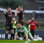 3 May 2024; Filip Piszczek of Bohemians celebrates with teammate Adam McDonnell, left, after scoring their side's first goal during the SSE Airtricity Men's Premier Division match between Bohemians and Shamrock Rovers at Dalymount Park in Dublin. Photo by Brendan Moran/Sportsfile