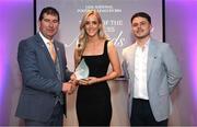 3 May 2024; The players selected on the Teams of the 2024 Lidl National Leagues were presented with their awards at Croke Park on Friday, May 3. The best players from the four divisions in the 2024 Lidl National Football Leagues were selected by the LGFA’s All Star committee. Sarah McCarville of Fermanagh is pictured receiving her Division 4 award from Uachtarán Cumann Peil Gael na mBan, Mícheál Naughton and Jamie O’Rourke, Partnerships and Events Manager, Lidl Ireland and Northern Ireland. Photo by Ramsey Cardy/Sportsfile
