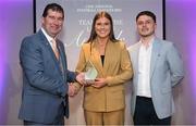 3 May 2024; The players selected on the Teams of the 2024 Lidl National Leagues were presented with their awards at Croke Park on Friday, May 3. The best players from the four divisions in the 2024 Lidl National Football Leagues were selected by the LGFA’s All Star committee. Sinéad McGettigan of Wicklow is pictured receiving her Division 4 award from Uachtarán Cumann Peil Gael na mBan, Mícheál Naughton and Jamie O’Rourke, Partnerships and Events Manager, Lidl Ireland and Northern Ireland. Photo by Ramsey Cardy/Sportsfile