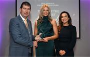 3 May 2024; The players selected on the Teams of the 2024 Lidl National Leagues were presented with their awards at Croke Park on Friday, May 3. The best players from the four divisions in the 2024 Lidl National Football Leagues were selected by the LGFA’s All Star committee. Aoibhinn McHugh of Tyrone is pictured receiving her Division 2 award from Uachtarán Cumann Peil Gael na mBan, Mícheál Naughton and Christine McIntyre, Senior Partnerships and Events Manager, Lidl Ireland and Northern Ireland. Photo by Ramsey Cardy/Sportsfile